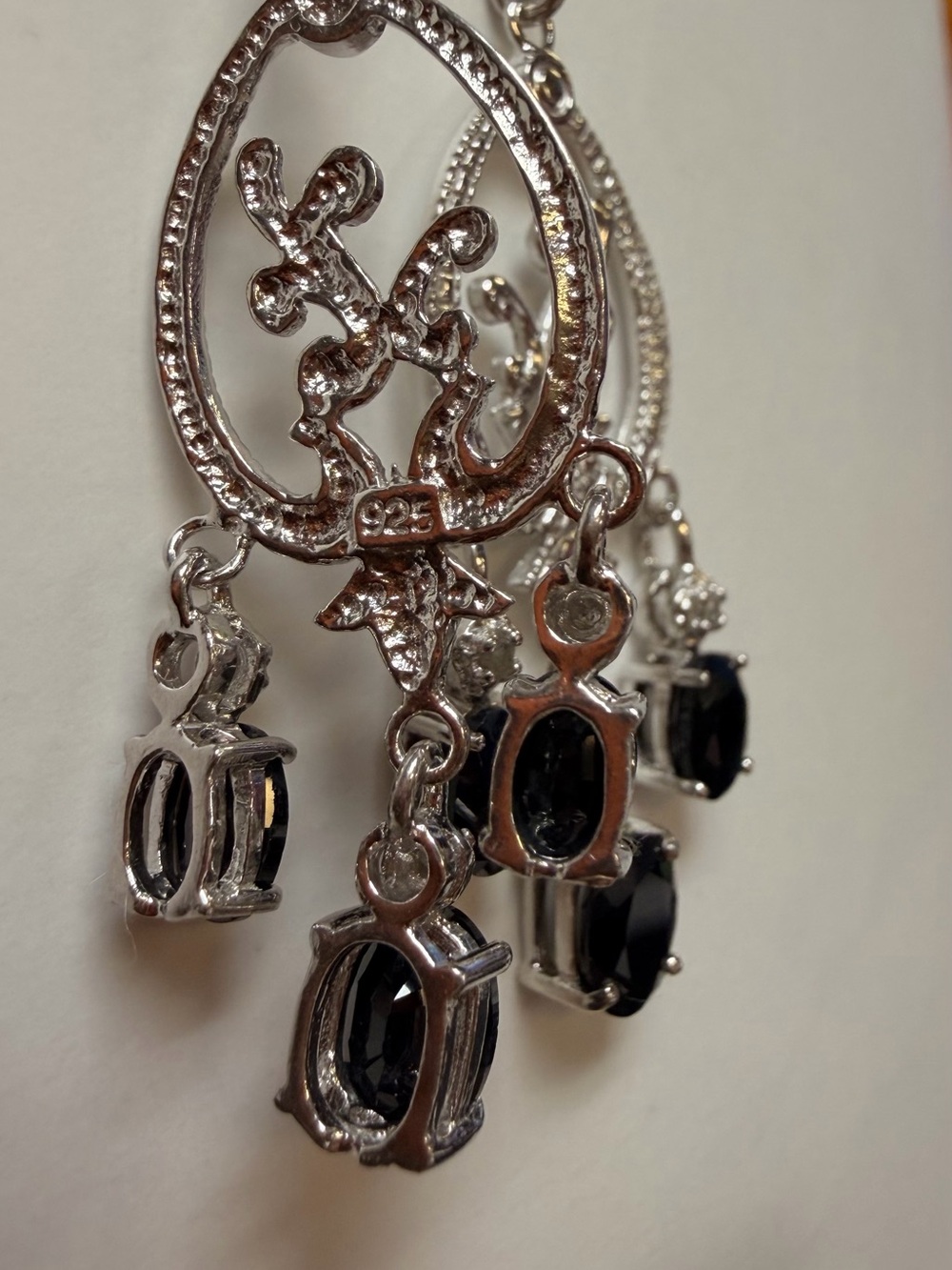 4.40 CTW Sapphire & Diamond Sterling Silver Chandelier Earrings - Picture 8 of 15